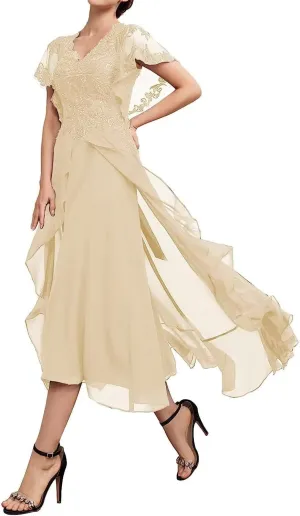 Mother of The Bride Dresses for Women Lace Applique Chiffon Ruffle Sleeve V Neck Formal Evening Dress for Wedding
