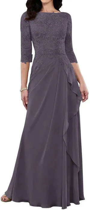 Mother of The Bride Dresses Long Evening Formal Dress 3/4 Sleeve Lace Applique Ruffles