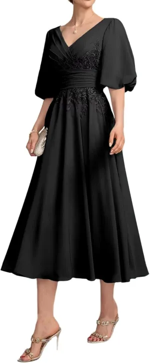 Mother of The Bride Dresses Tea Length V Neck Lace Appliques Chiffon Short Sleeve Formal Evening Dresses for Women