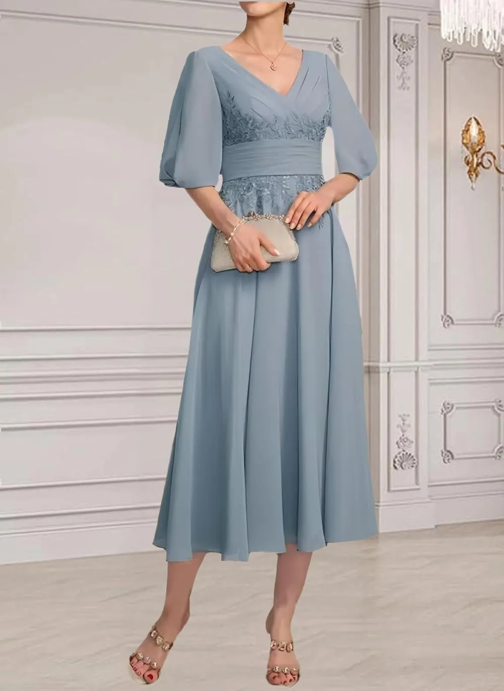 Mother of The Bride Dresses Tea Length V Neck Lace Appliques Chiffon Short Sleeve Formal Evening Dresses for Women