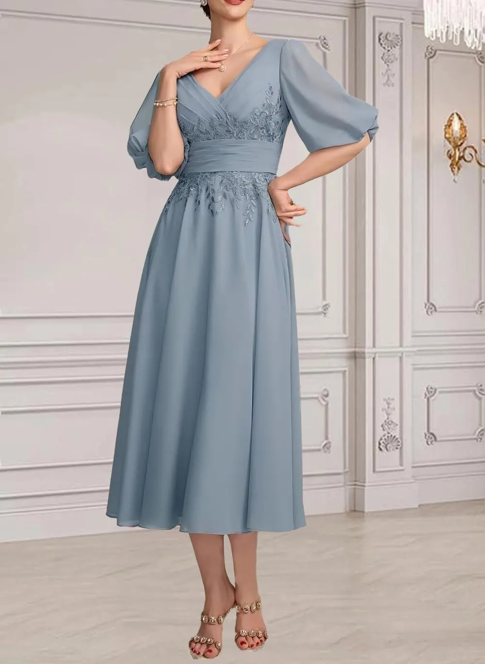 Mother of The Bride Dresses Tea Length V Neck Lace Appliques Chiffon Short Sleeve Formal Evening Dresses for Women