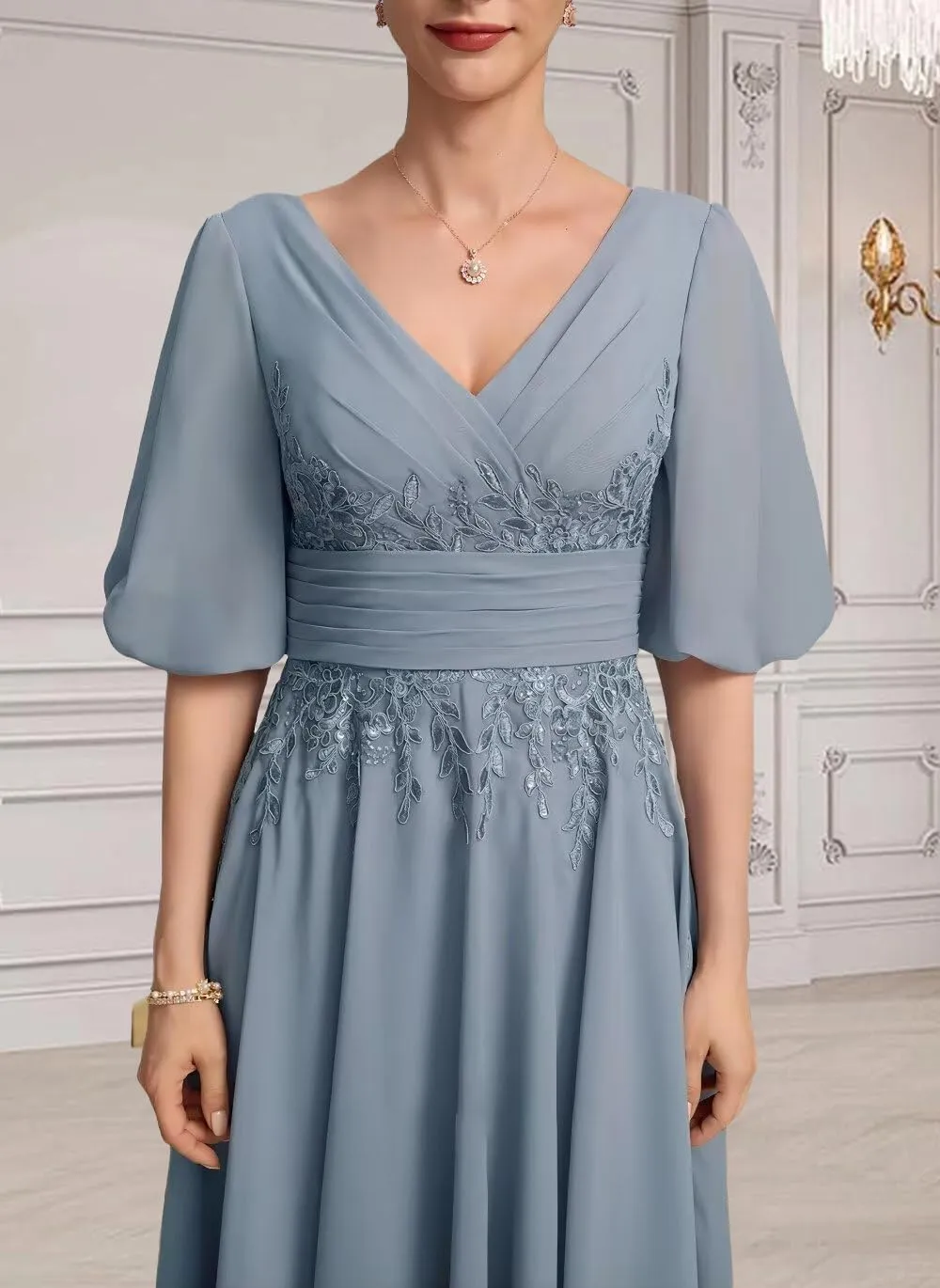 Mother of The Bride Dresses Tea Length V Neck Lace Appliques Chiffon Short Sleeve Formal Evening Dresses for Women