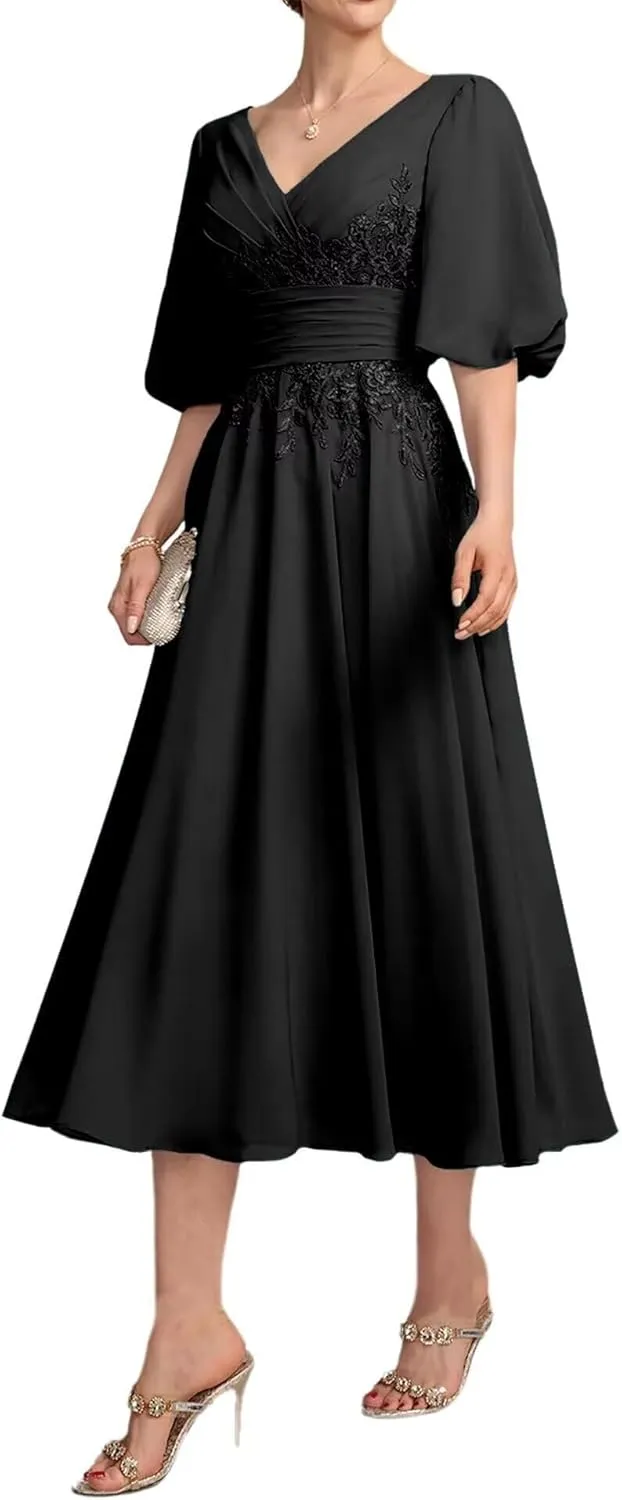 Mother of The Bride Dresses Tea Length V Neck Lace Appliques Chiffon Short Sleeve Formal Evening Dresses for Women
