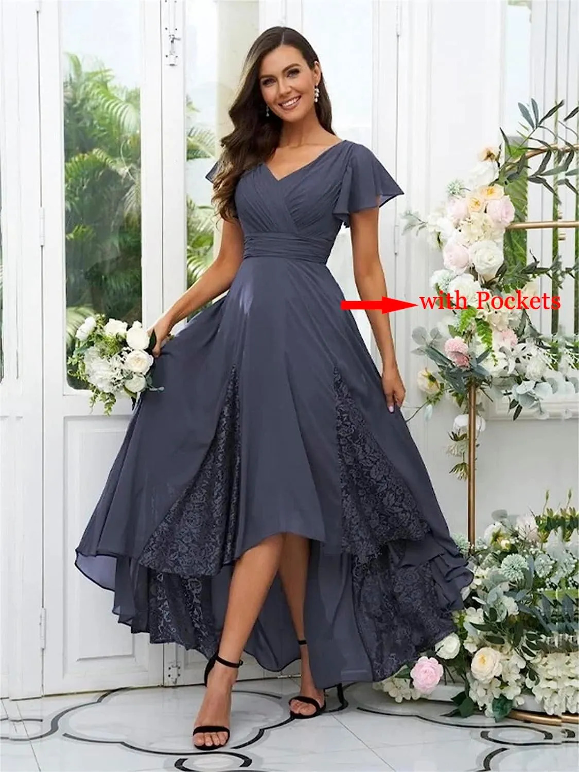 Mother of The Bride Dresses V Neck Chiffon Lace Appliques Tea Length Dress Formal Prom Evening Gowns