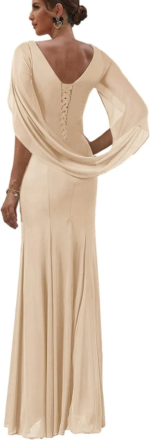 Mother of The Bride Dresses with Cape Chiffon Wedding Guest Formal Gowns