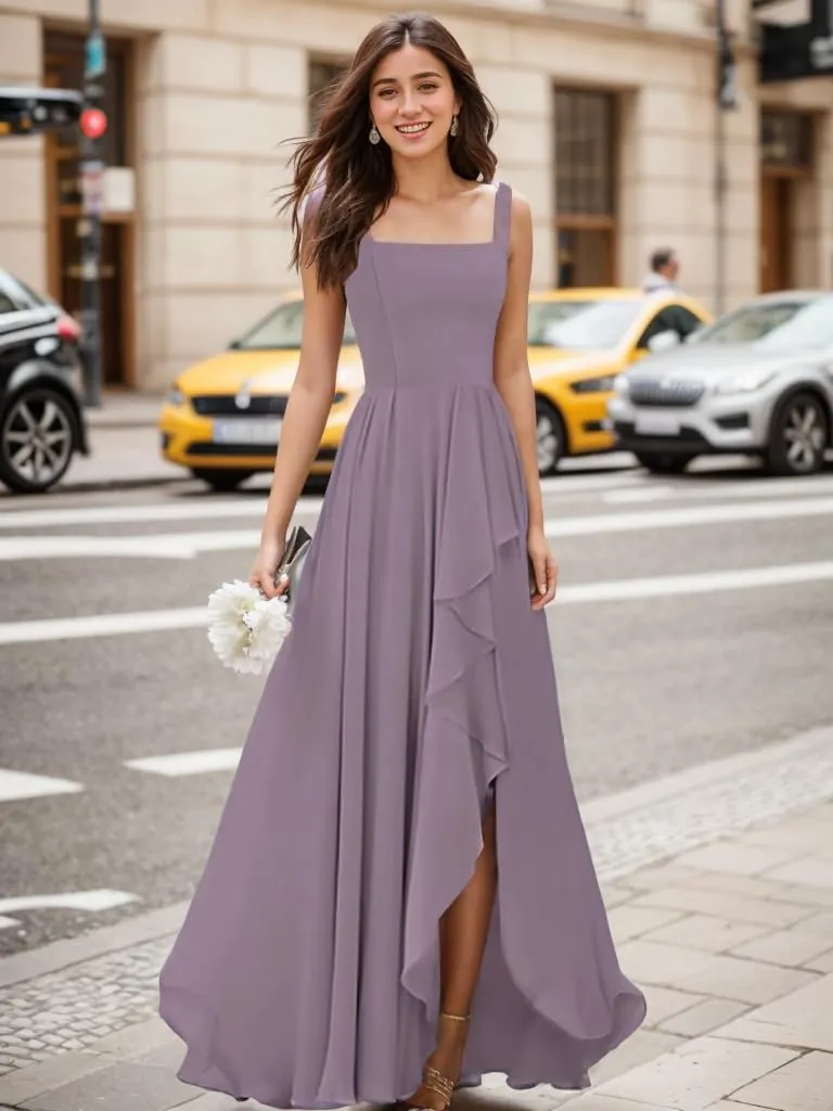 Mulesy Bridesmaid Dresses for Wedding with Slit Ruffle Spaghetti Straps Chiffon Long Formal Dress for Women Evening Party