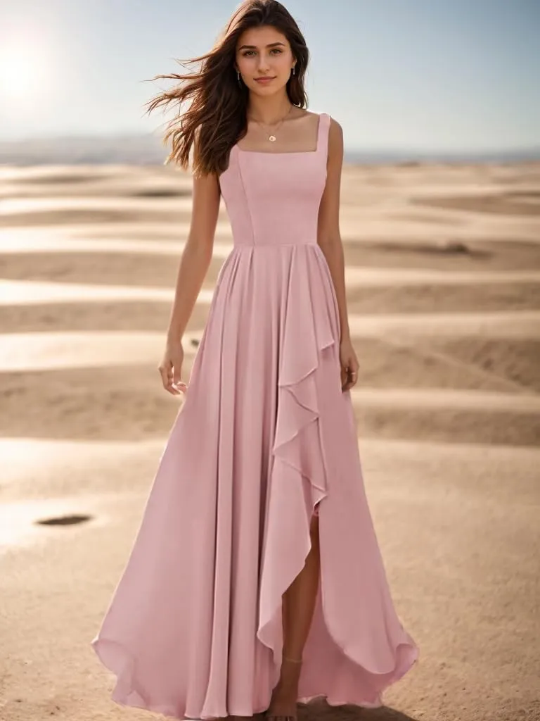 Mulesy Bridesmaid Dresses for Wedding with Slit Ruffle Spaghetti Straps Chiffon Long Formal Dress for Women Evening Party
