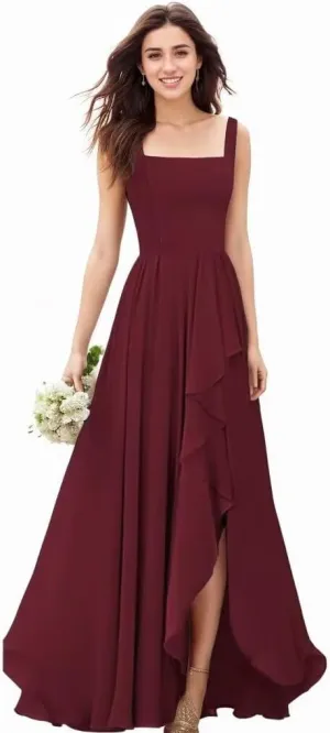 Mulesy Bridesmaid Dresses for Wedding with Slit Ruffle Spaghetti Straps Chiffon Long Formal Dress for Women Evening Party