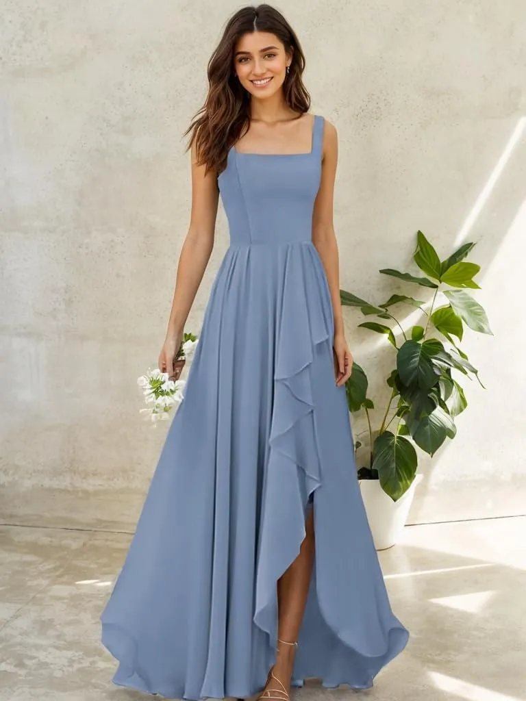 Mulesy Bridesmaid Dresses for Wedding with Slit Ruffle Spaghetti Straps Chiffon Long Formal Dress for Women Evening Party