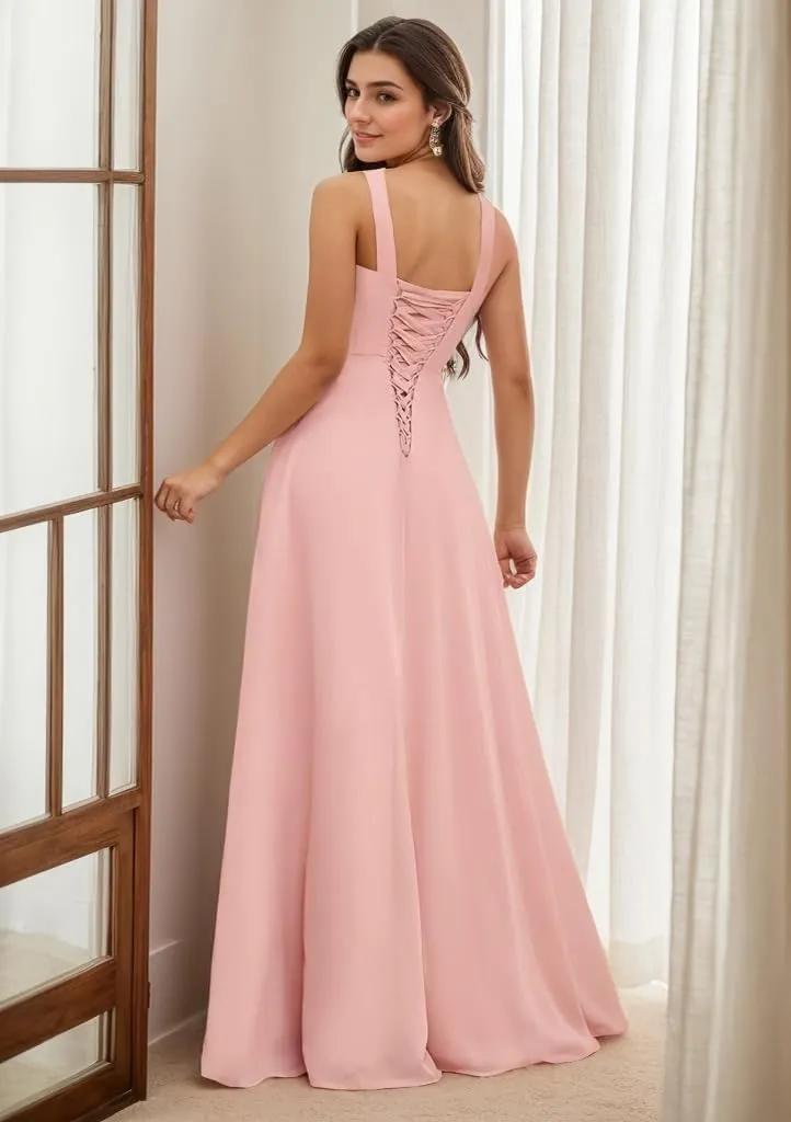 Mulesy Bridesmaid Dresses for Wedding with Slit Ruffle Spaghetti Straps Chiffon Long Formal Dress for Women Evening Party