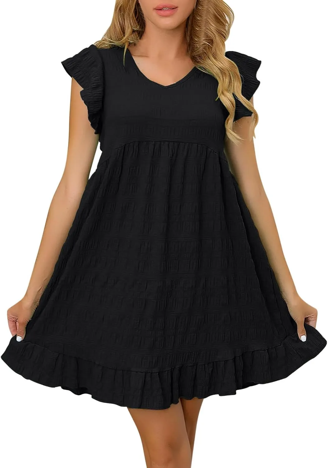 NaRHbrg Women's Babydoll Dress Short Sleeve V Neck Ruffle Summer Casual Loose Swing Dresses Flowy A-Line Mini Sundress