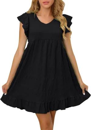NaRHbrg Women's Babydoll Dress Short Sleeve V Neck Ruffle Summer Casual Loose Swing Dresses Flowy A-Line Mini Sundress