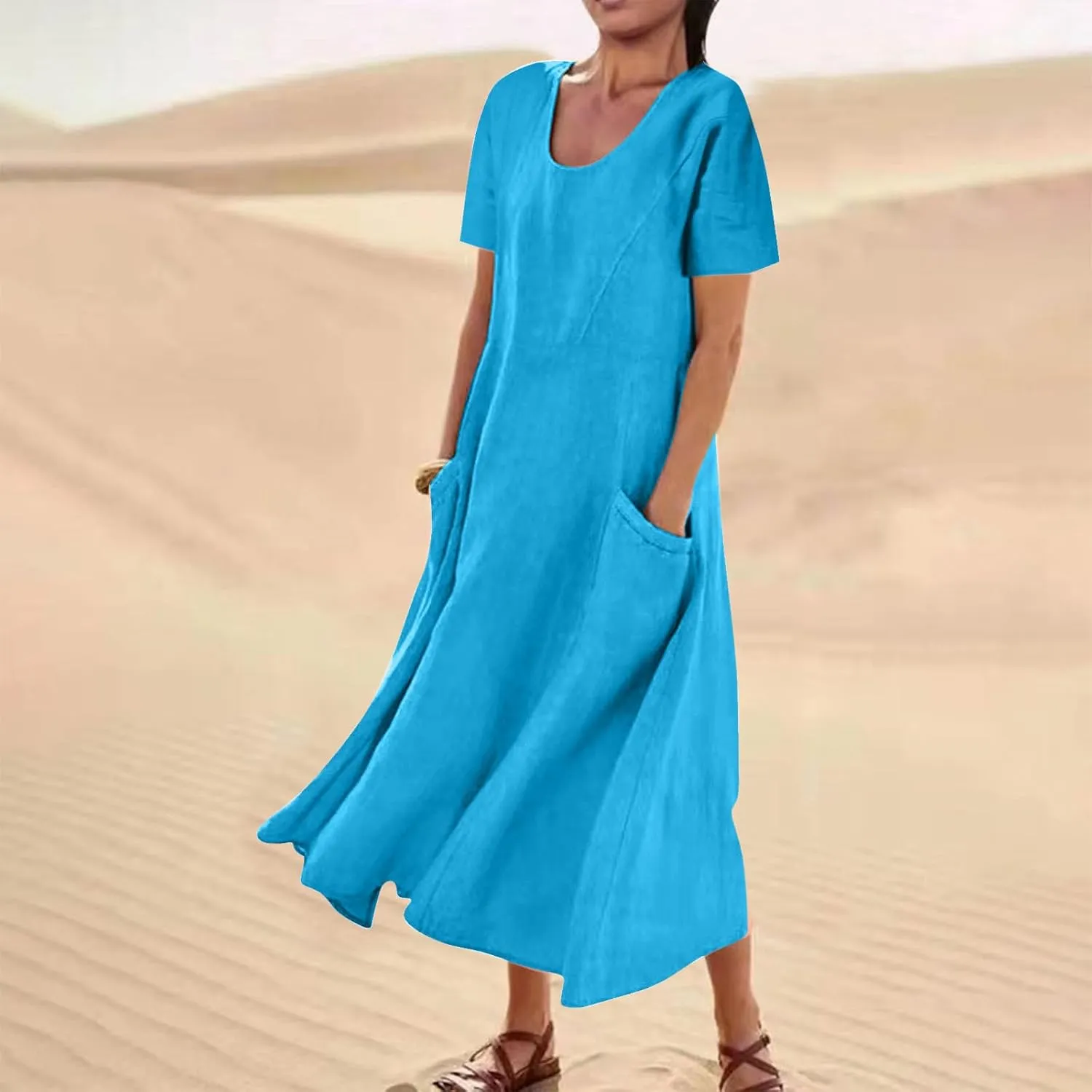 NaRHbrg Women's Short Sleeve Linen Dress Loose Fit Summer Casual Maxi Dresses with Pockets Flowy Beach Sundress
