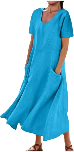 NaRHbrg Women's Short Sleeve Linen Dress Loose Fit Summer Casual Maxi Dresses with Pockets Flowy Beach Sundress