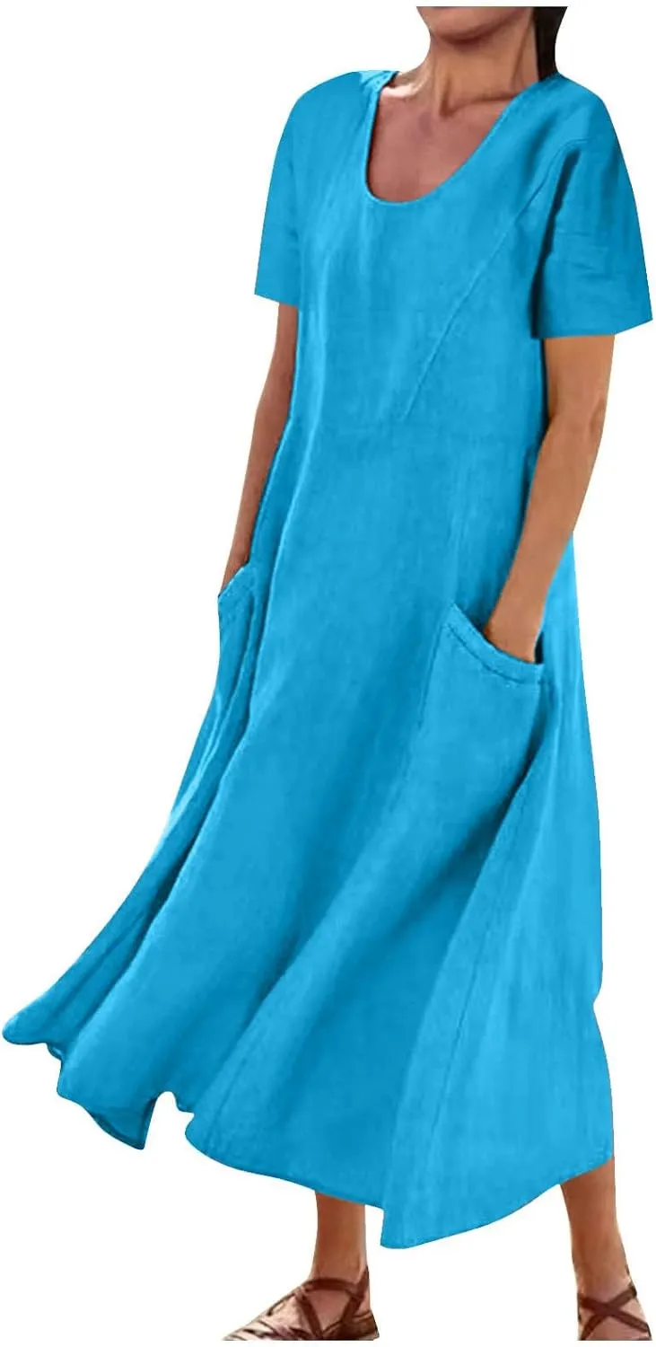 NaRHbrg Women's Short Sleeve Linen Dress Loose Fit Summer Casual Maxi Dresses with Pockets Flowy Beach Sundress