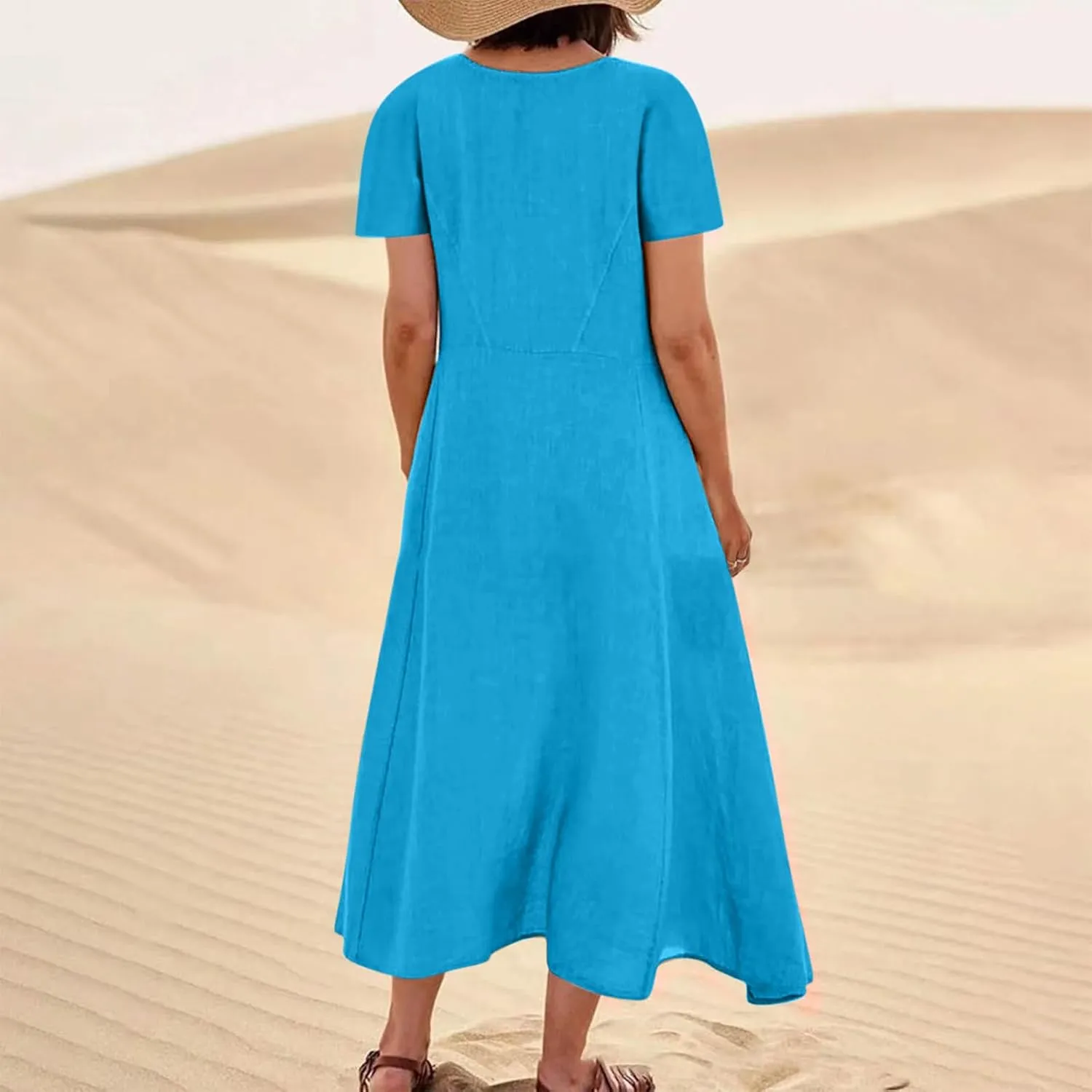 NaRHbrg Women's Short Sleeve Linen Dress Loose Fit Summer Casual Maxi Dresses with Pockets Flowy Beach Sundress