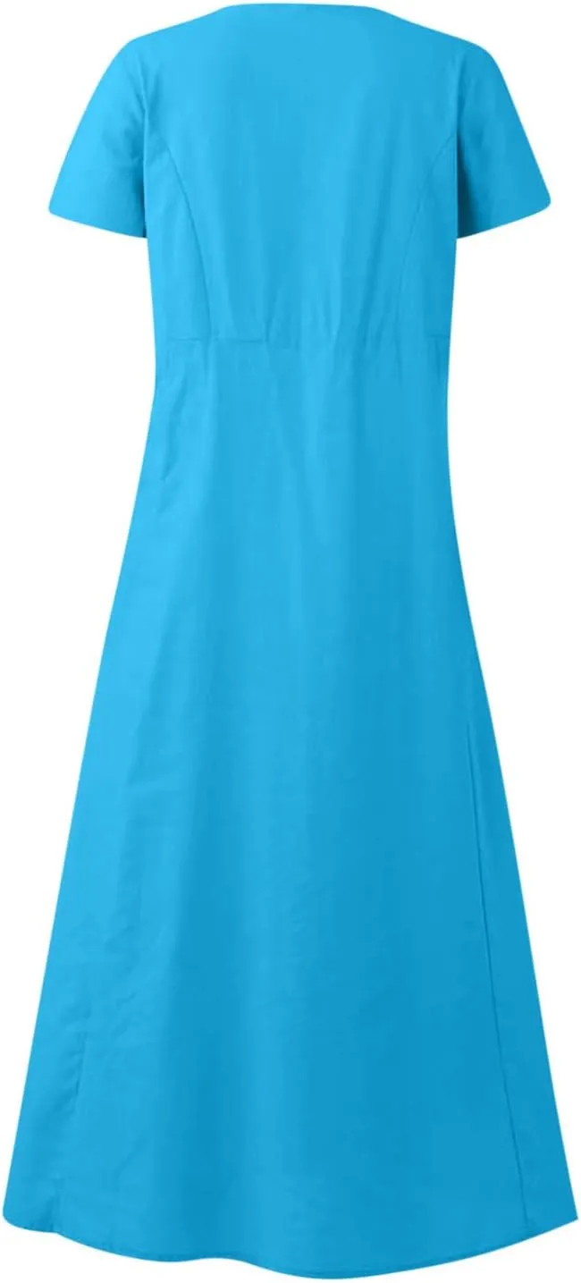 NaRHbrg Women's Short Sleeve Linen Dress Loose Fit Summer Casual Maxi Dresses with Pockets Flowy Beach Sundress