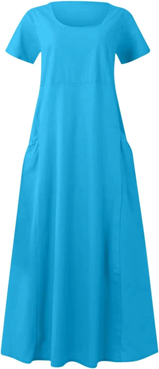 NaRHbrg Women's Short Sleeve Linen Dress Loose Fit Summer Casual Maxi Dresses with Pockets Flowy Beach Sundress