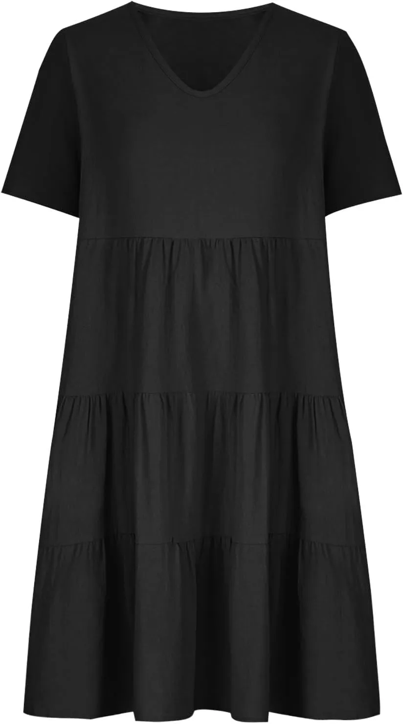 NaRHbrg Women's V-Neck Tiered Midi Dress Short Sleeve Loose Fit Casual Boho Sundress Summer Dresses for Beach Vacation