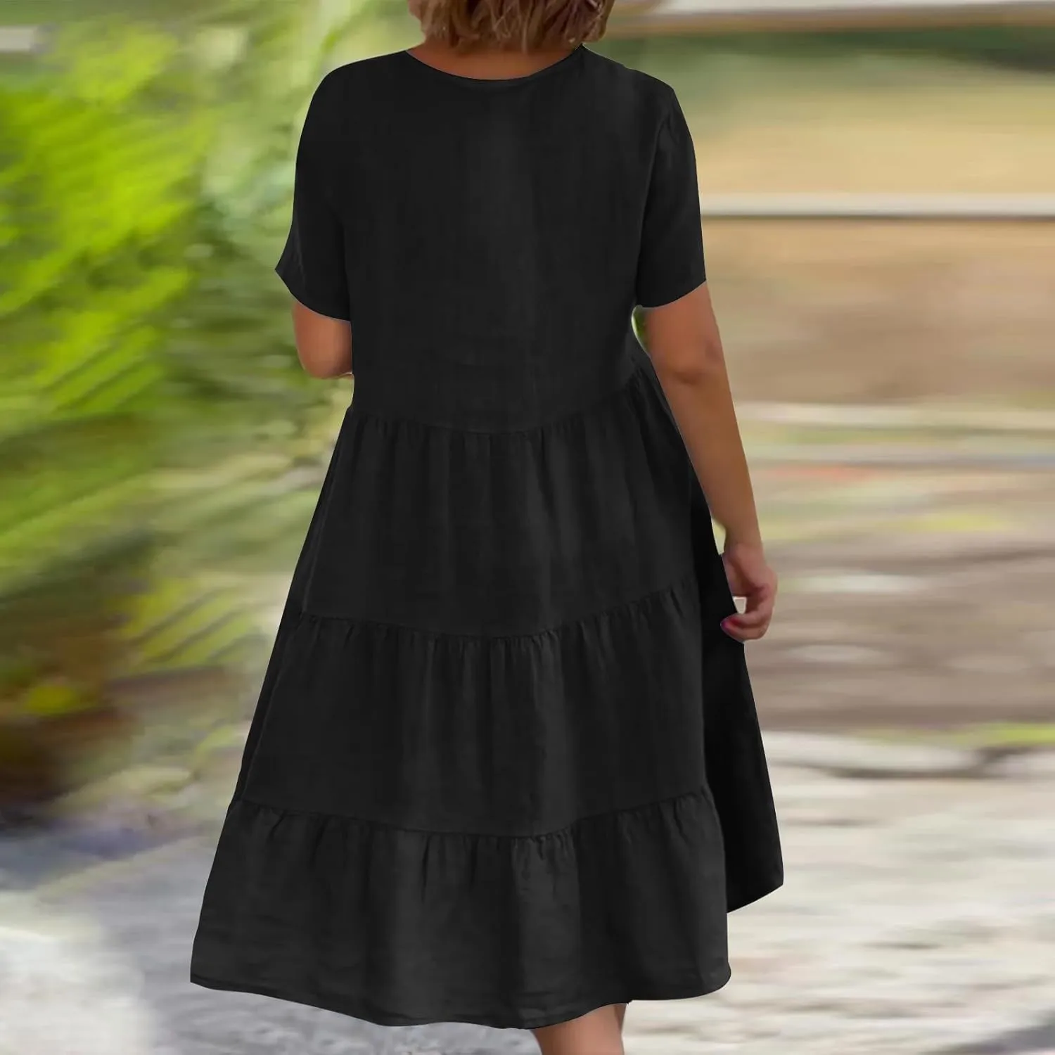 NaRHbrg Women's V-Neck Tiered Midi Dress Short Sleeve Loose Fit Casual Boho Sundress Summer Dresses for Beach Vacation