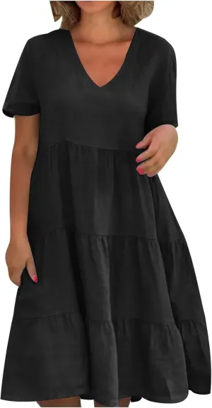 NaRHbrg Women's V-Neck Tiered Midi Dress Short Sleeve Loose Fit Casual Boho Sundress Summer Dresses for Beach Vacation