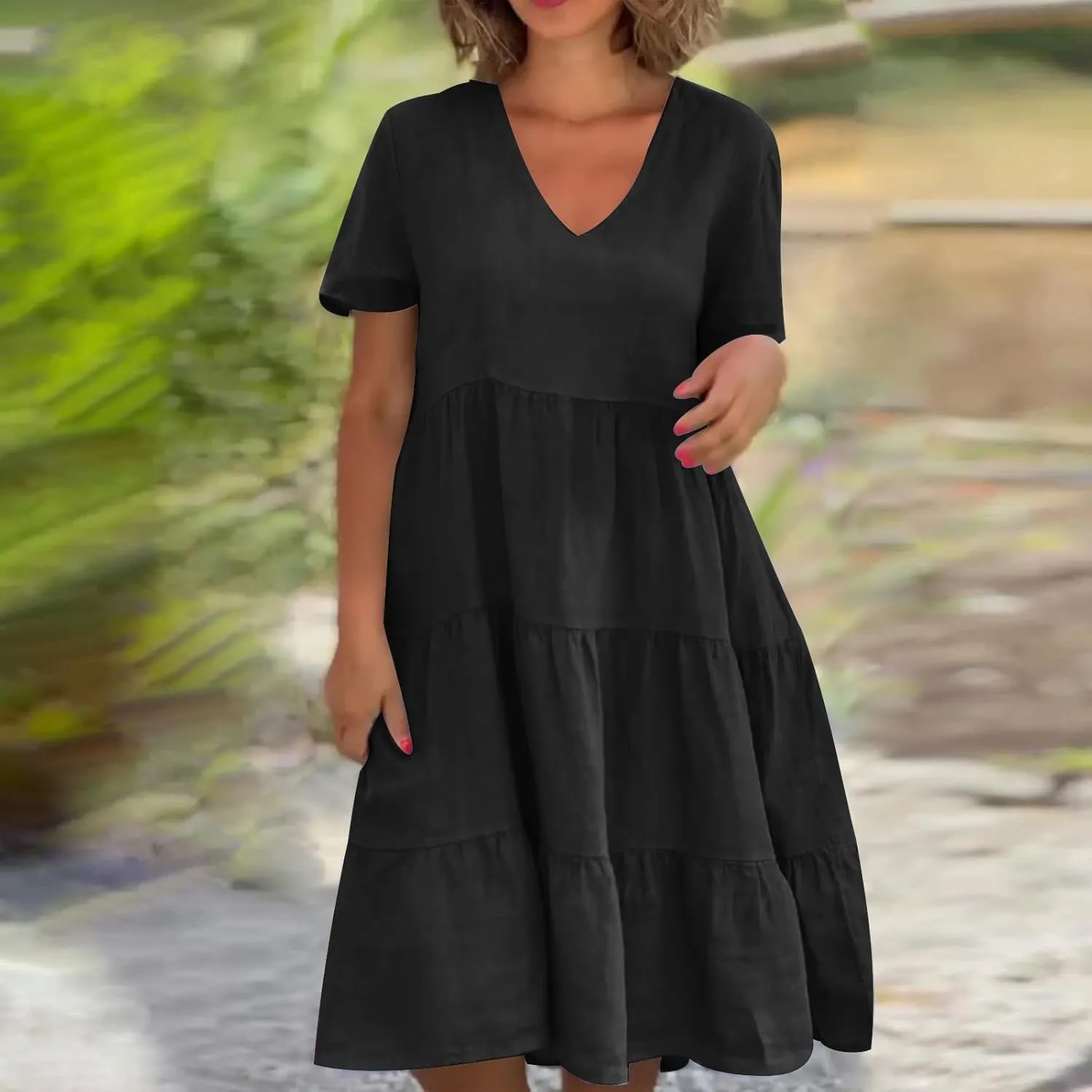 NaRHbrg Women's V-Neck Tiered Midi Dress Short Sleeve Loose Fit Casual Boho Sundress Summer Dresses for Beach Vacation