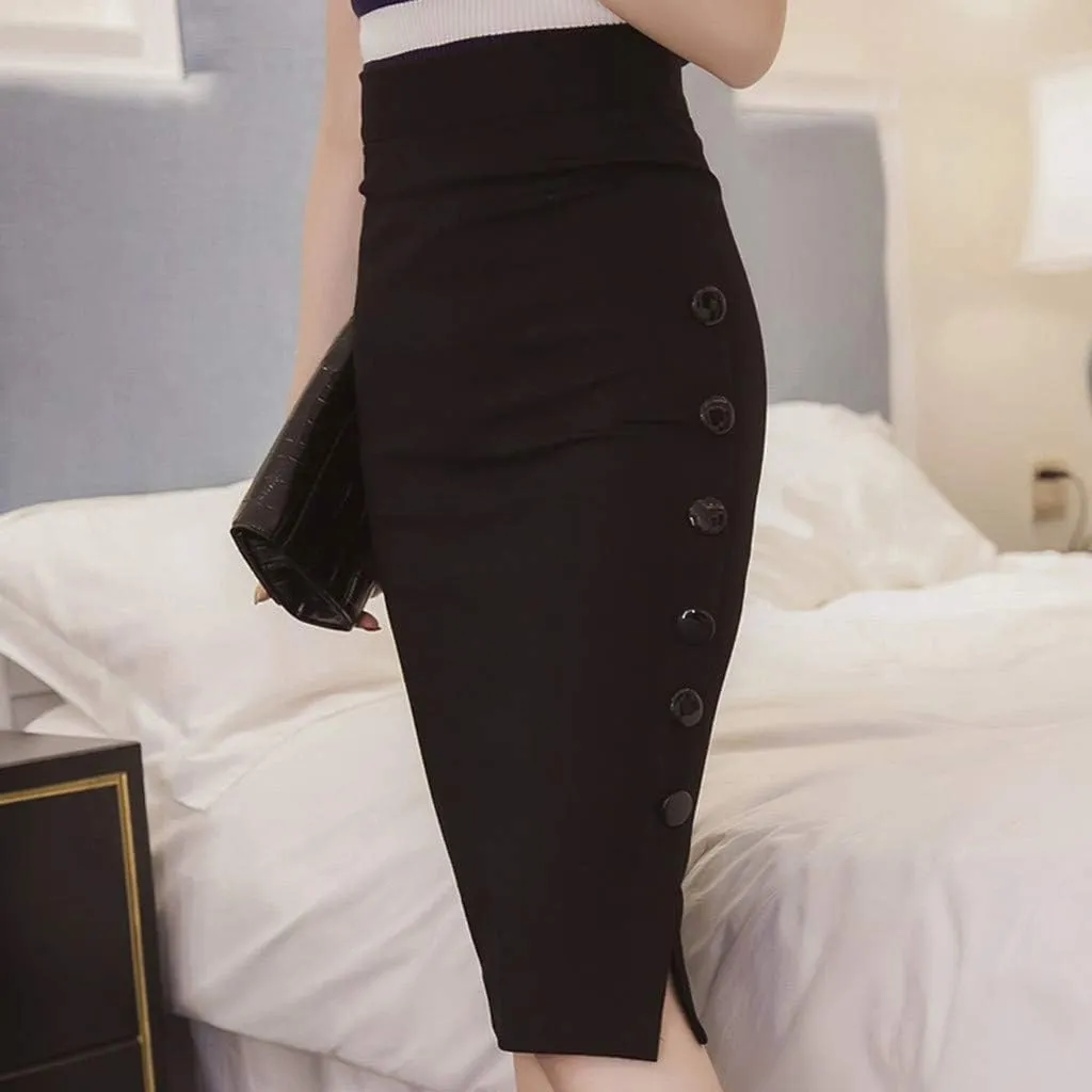 NATHGAM Women's High Waist Pencil Skirt Business Casual Skirt Buttons Stretch Bodycon Knee Length Straight Office Midi Skirt