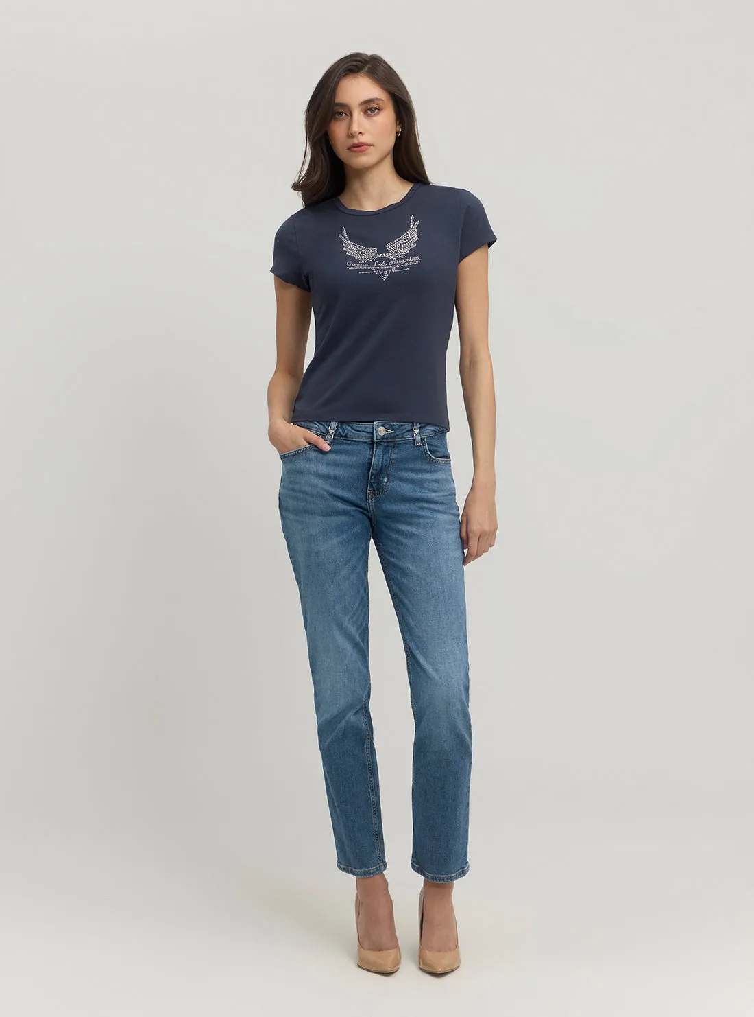 Navy Short Sleeve Studded Wings Logo T-Shirt
