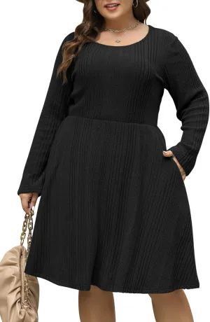 Nemidor Womens Plus Size Scooped Neck Long Sleeve Ribbed Midi Swing Dress with Pocket NEM543