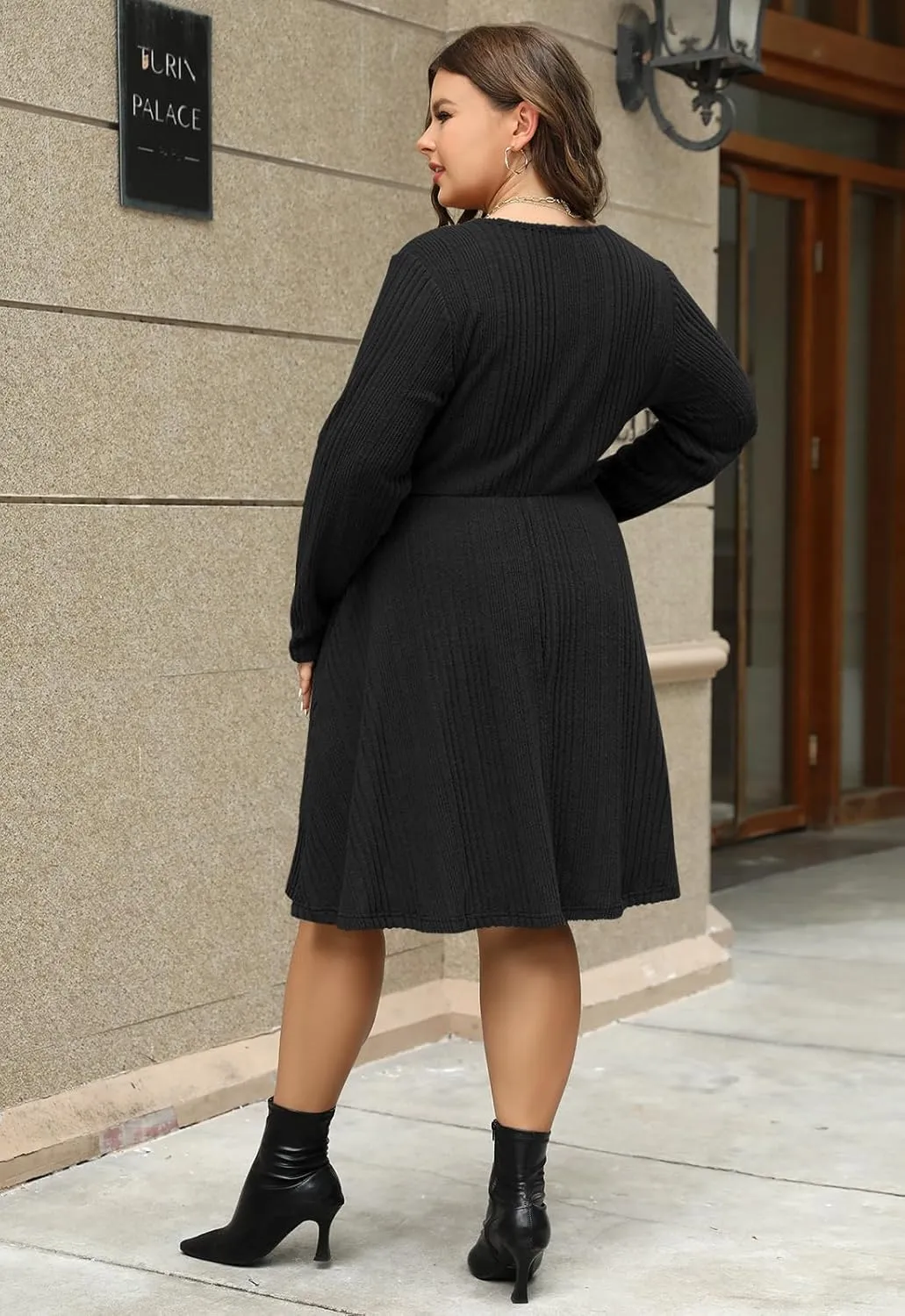 Nemidor Womens Plus Size Scooped Neck Long Sleeve Ribbed Midi Swing Dress with Pocket NEM543