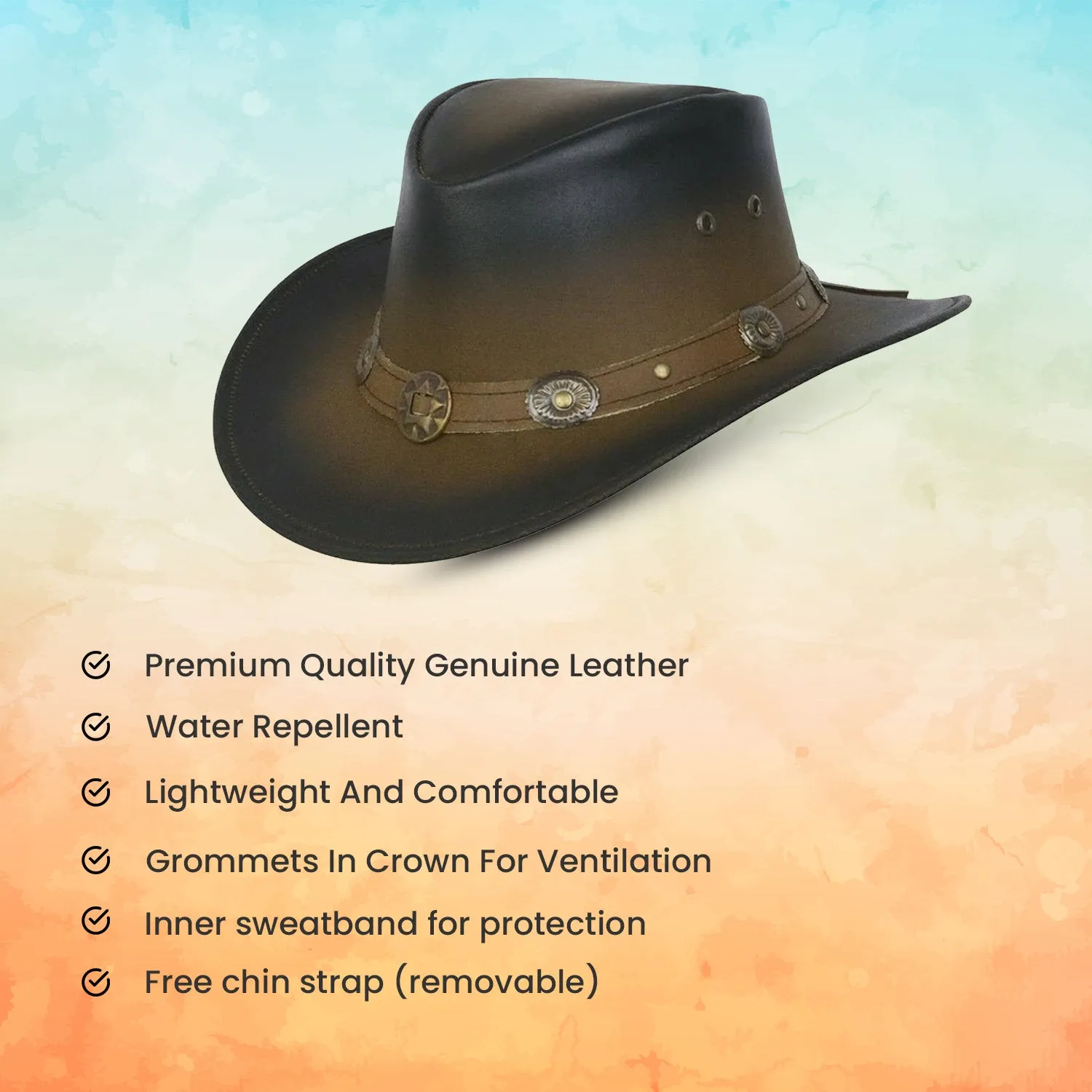 New Leather Cowboy Western Aussie Style Hat Conchos