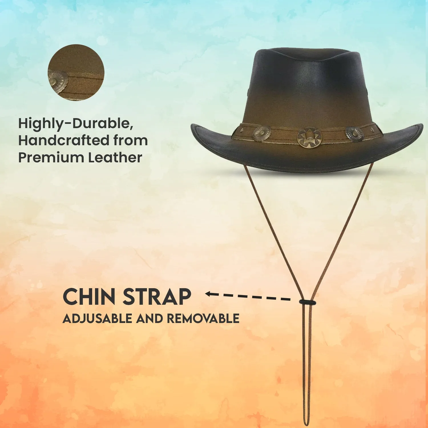 New Leather Cowboy Western Aussie Style Hat Conchos