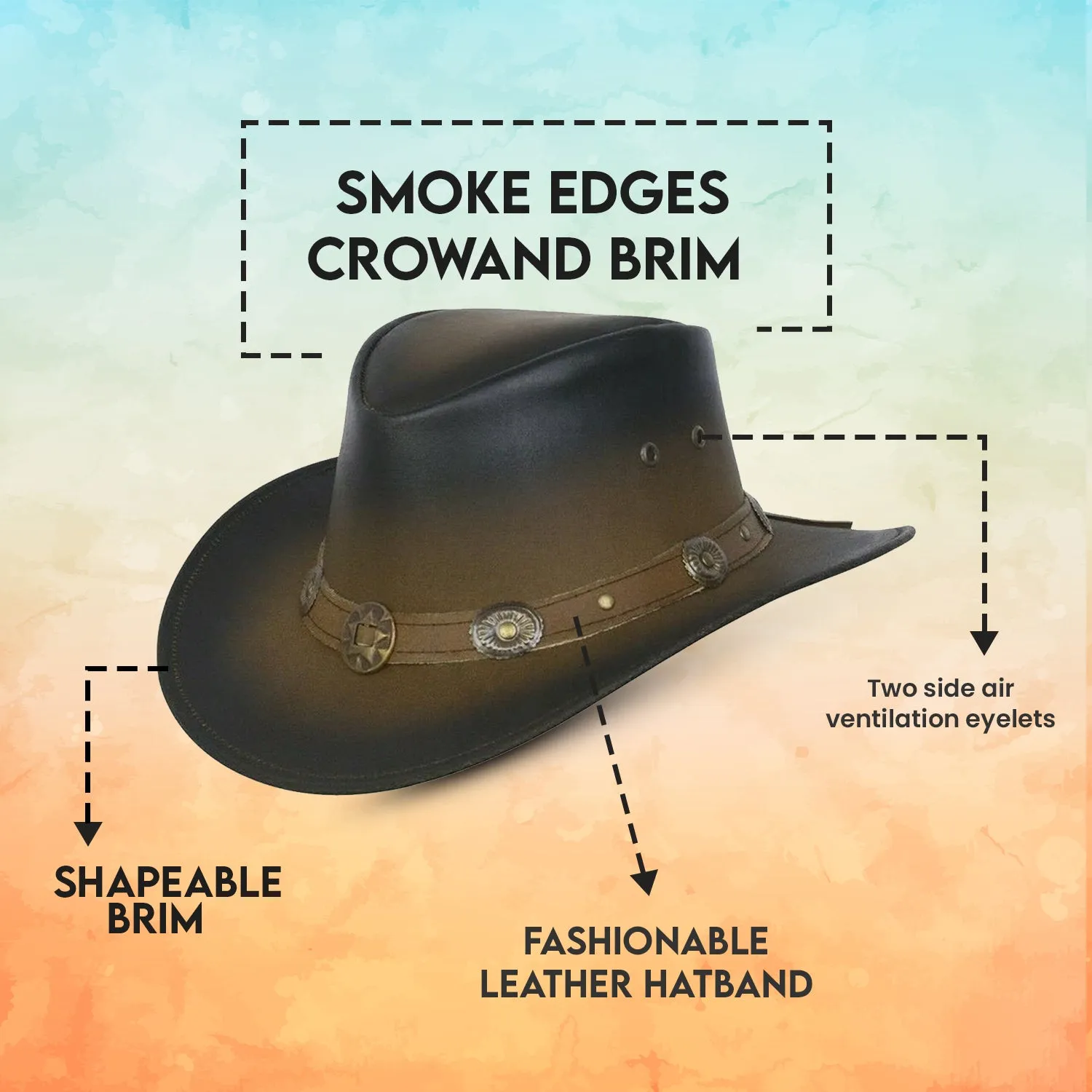 New Leather Cowboy Western Aussie Style Hat Conchos