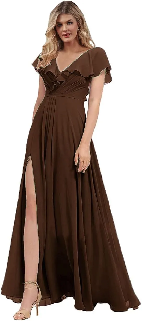 N.L.B Women's A Line V Neck Bridesmaid Dresses Long Ruffle Sleeves Chiffon Formal Evening Gown with Slit