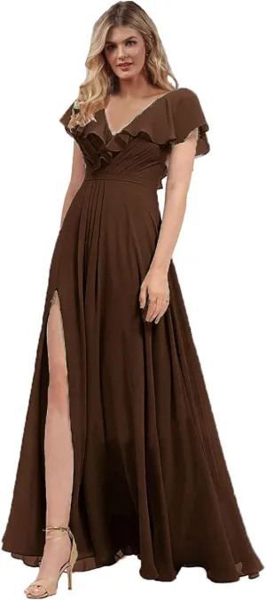 N.L.B Women's A Line V Neck Bridesmaid Dresses Long Ruffle Sleeves Chiffon Formal Evening Gown with Slit