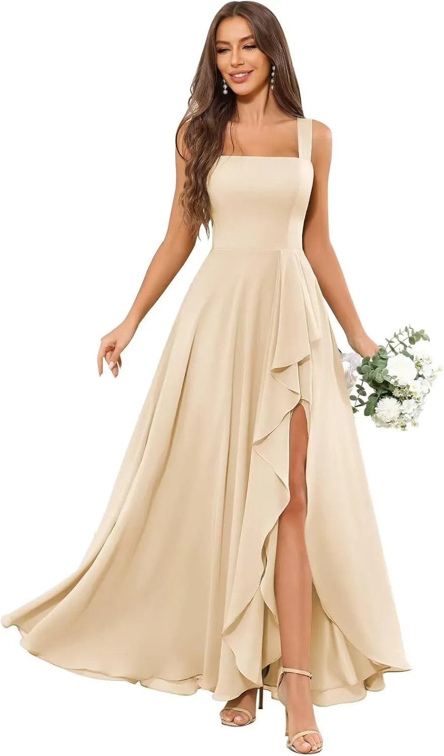 OFEYCHUN Chiffon Bridesmaid Dresses Long Ruffle Formal Dress Square Neck Evening Gown with Slit