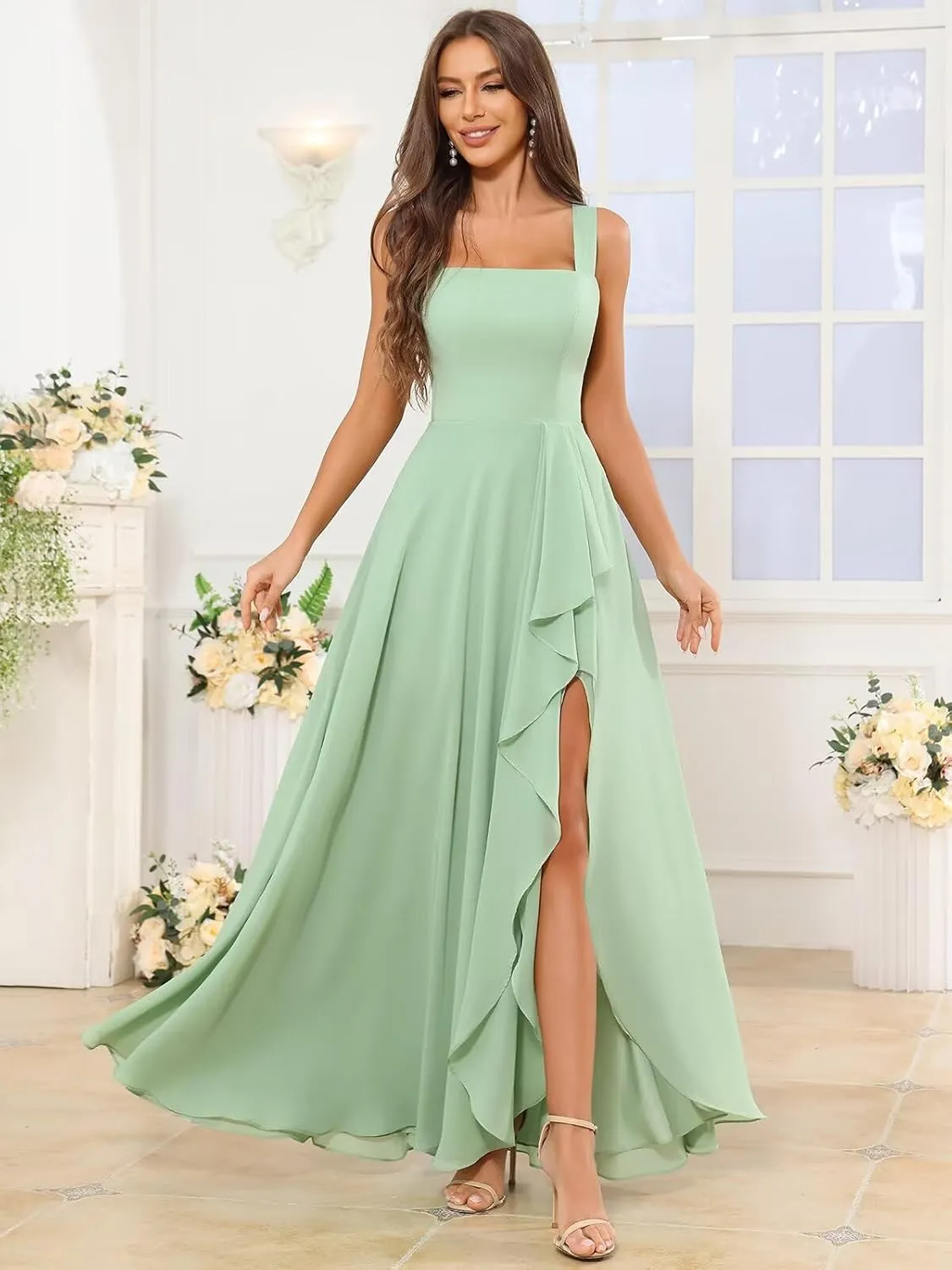 OFEYCHUN Chiffon Bridesmaid Dresses Long Ruffle Formal Dress Square Neck Evening Gown with Slit