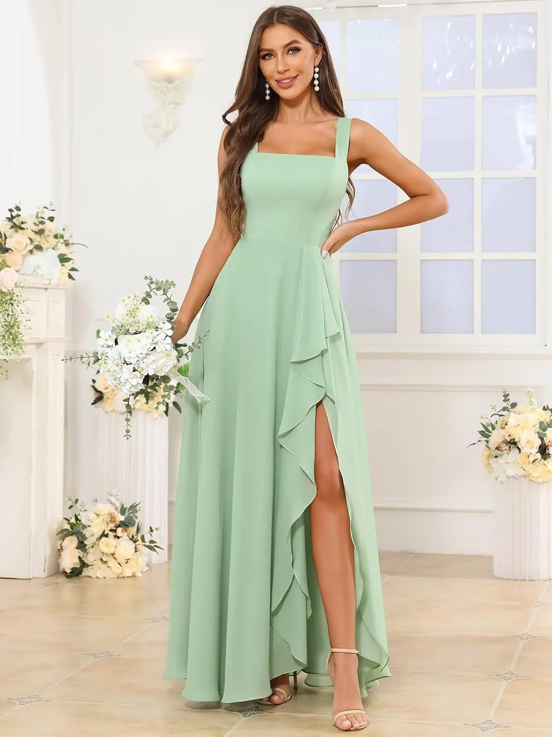 OFEYCHUN Chiffon Bridesmaid Dresses Long Ruffle Formal Dress Square Neck Evening Gown with Slit