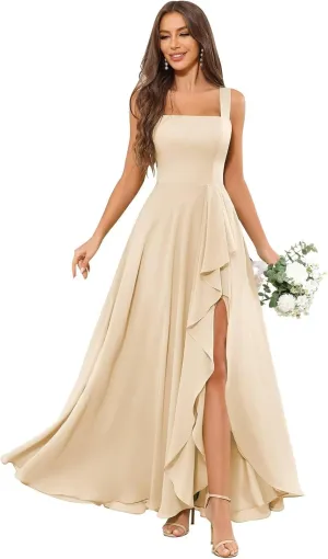 OFEYCHUN Chiffon Bridesmaid Dresses Long Ruffle Formal Dress Square Neck Evening Gown with Slit
