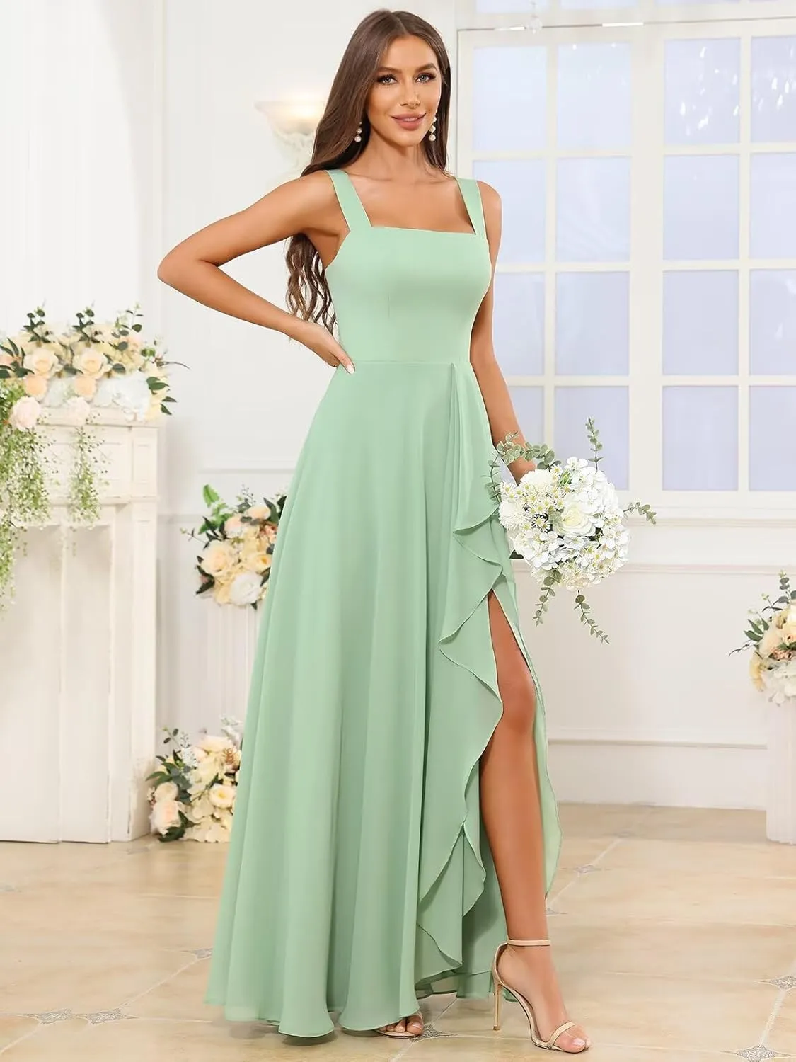 OFEYCHUN Chiffon Bridesmaid Dresses Long Ruffle Formal Dress Square Neck Evening Gown with Slit