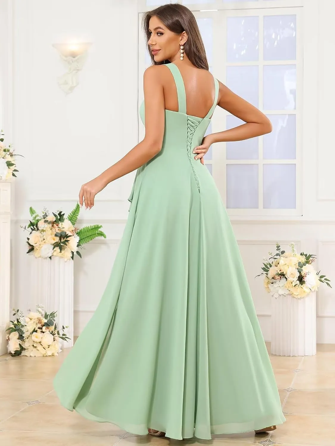 OFEYCHUN Chiffon Bridesmaid Dresses Long Ruffle Formal Dress Square Neck Evening Gown with Slit
