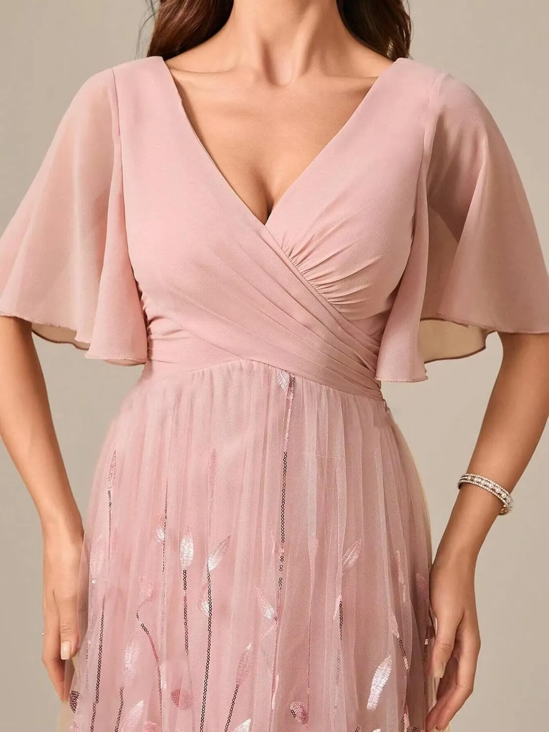 OFEYCHUN Chiffon Mother of The Bride Dresses with Sleeves Sequin Formal Dress V Neck Wedding Guest Dress