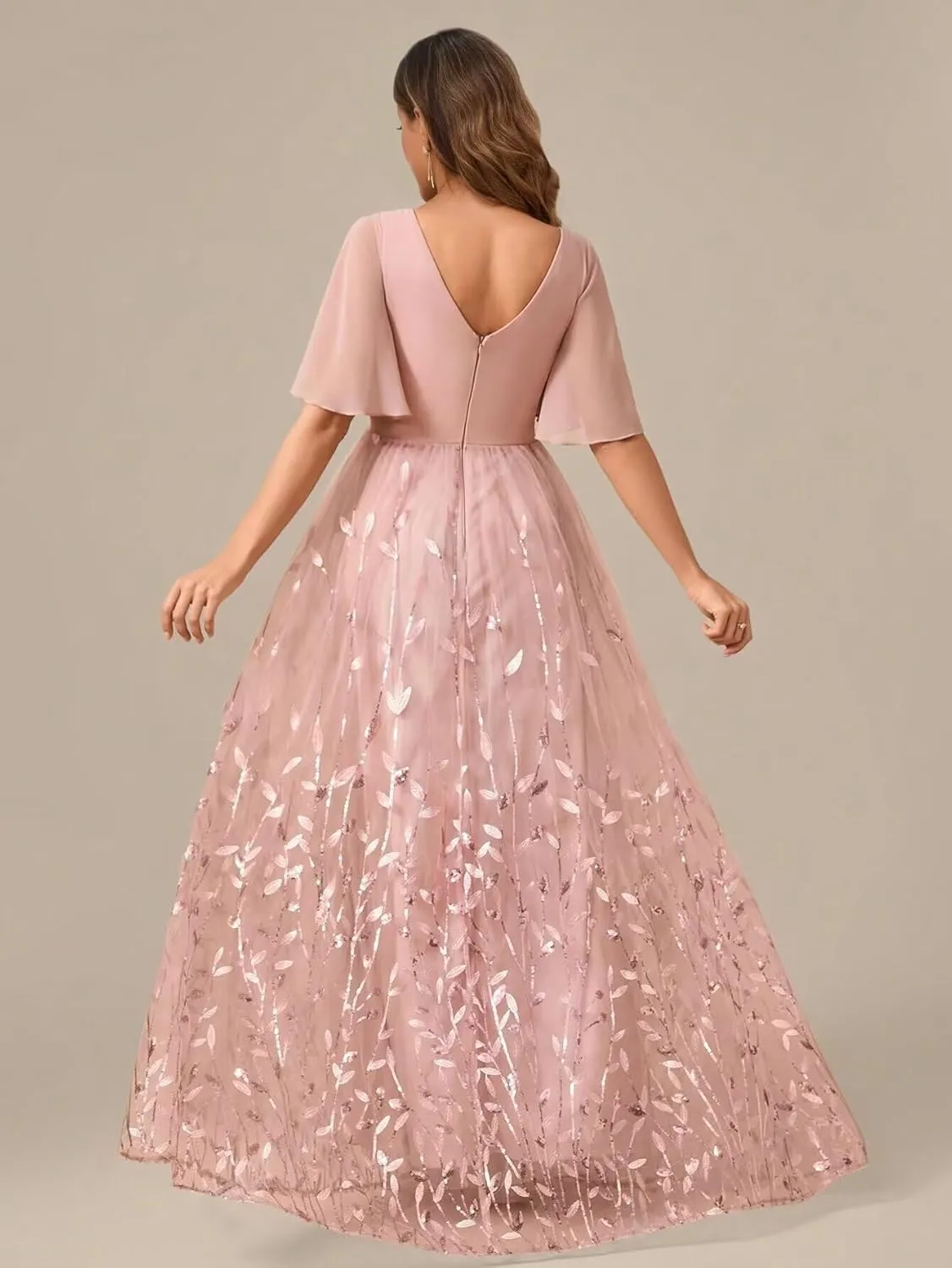 OFEYCHUN Chiffon Mother of The Bride Dresses with Sleeves Sequin Formal Dress V Neck Wedding Guest Dress