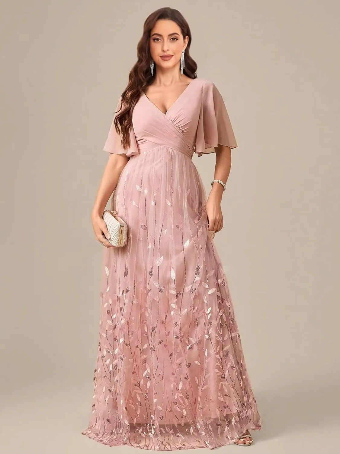 OFEYCHUN Chiffon Mother of The Bride Dresses with Sleeves Sequin Formal Dress V Neck Wedding Guest Dress