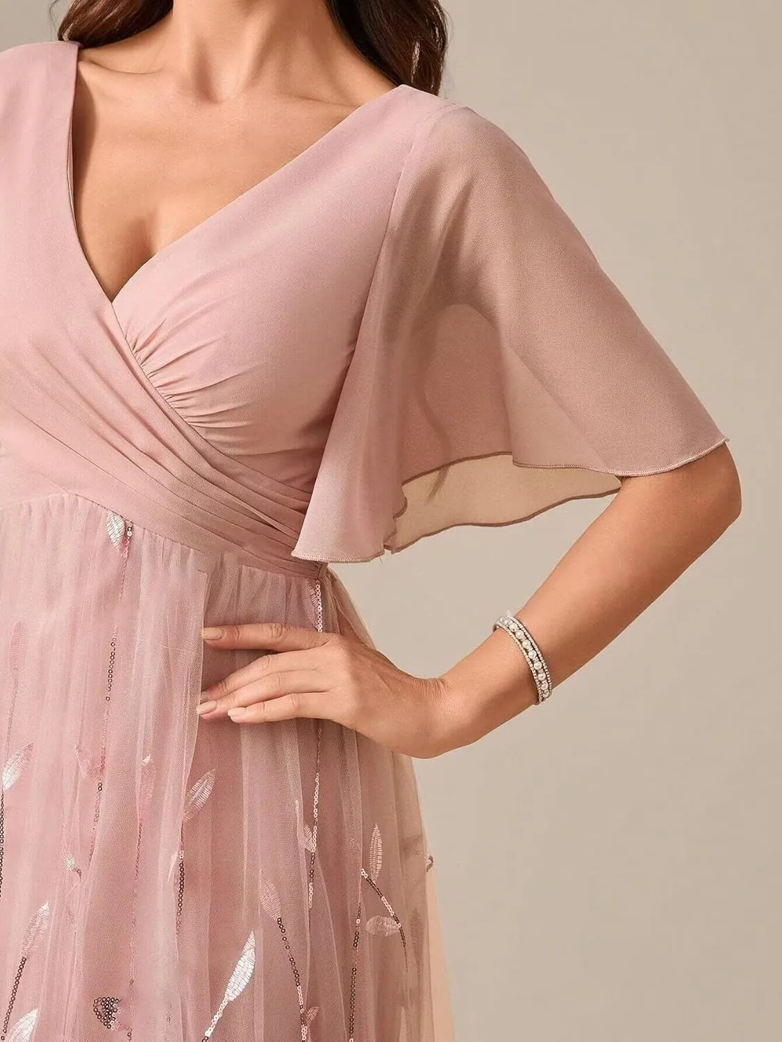 OFEYCHUN Chiffon Mother of The Bride Dresses with Sleeves Sequin Formal Dress V Neck Wedding Guest Dress