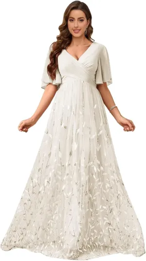 OFEYCHUN Chiffon Mother of The Bride Dresses with Sleeves Sequin Formal Dress V Neck Wedding Guest Dress