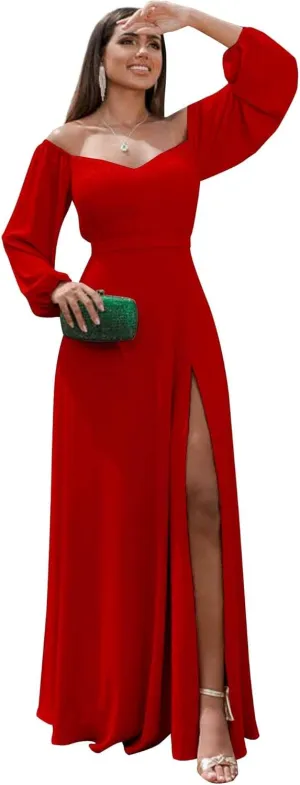 Off Shoulder Bridesmaid Dresses with Slit A Line Chiffon Long Sleeve Formal Prom Dress for Women MA29