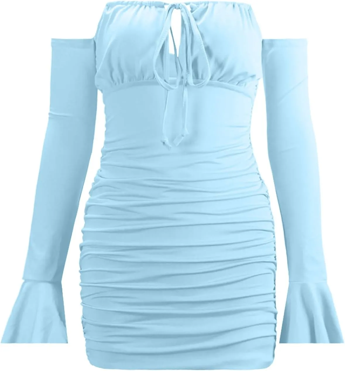 Off Shoulder Dress Women Sexy Bodycon Mini Dress Tie Front Keyhole Ruffle Cuffs Ruched Sheath Bodycon Curvy Slimming
