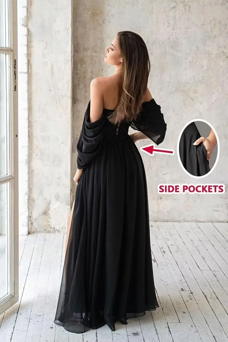 Off The Shoulder Bridesmaid Dresses with Slit Chiffon Sweetheart Ruched Long Formal Gown with Pockets IMC033