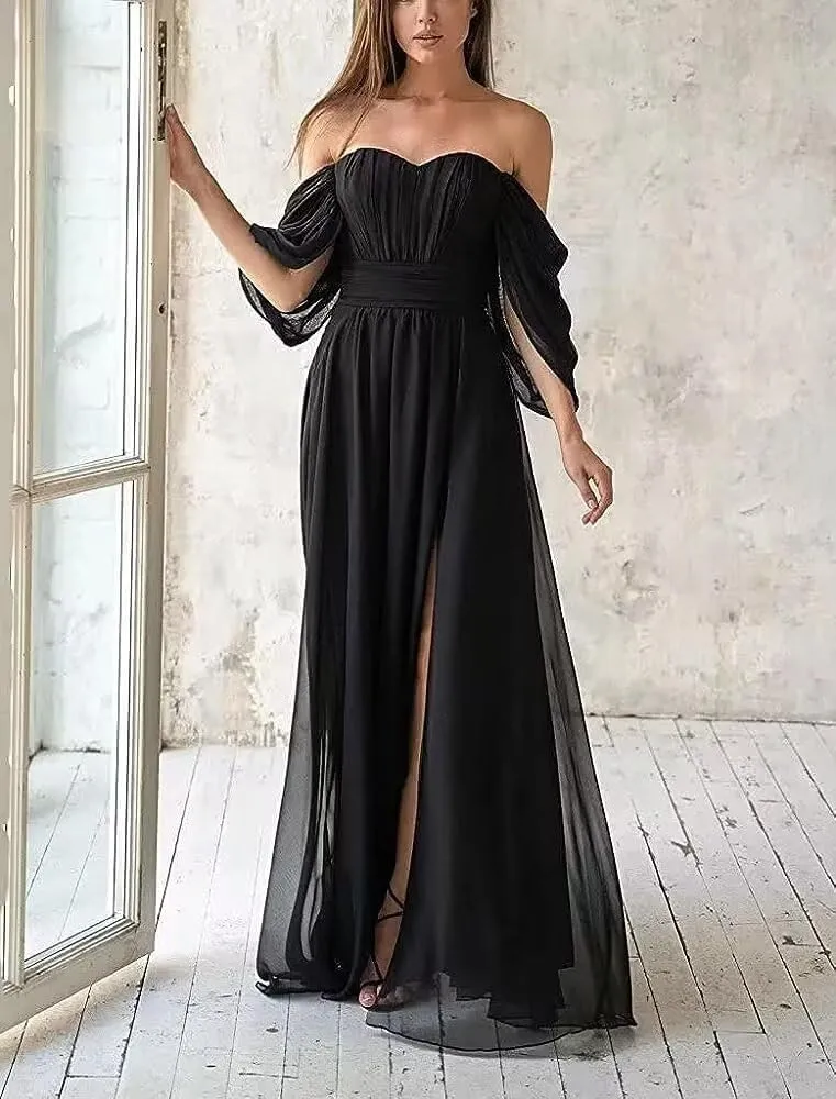 Off The Shoulder Bridesmaid Dresses with Slit Chiffon Sweetheart Ruched Long Formal Gown with Pockets IMC033